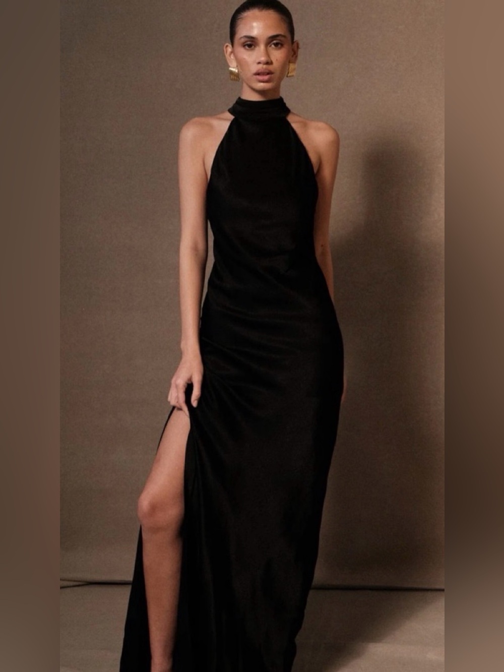 Meshki Black Halter Maxi Dress with Side Slit NWT Size M